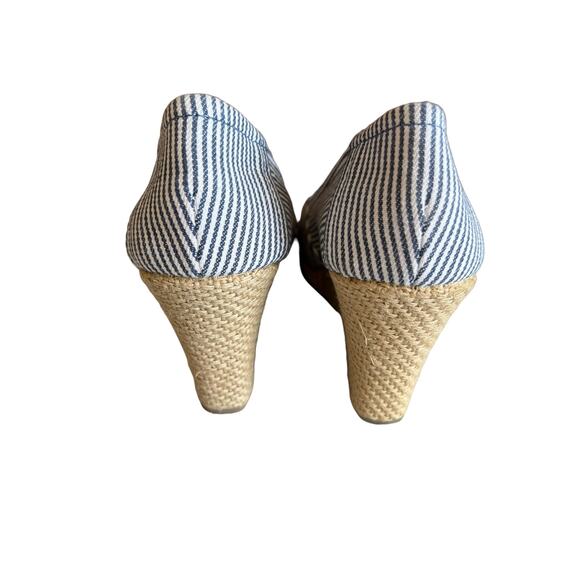 Report Open Toe Espadrille Wedge Heels Blue & White Stripe Canvas 6.5 - Picture 7 of 9